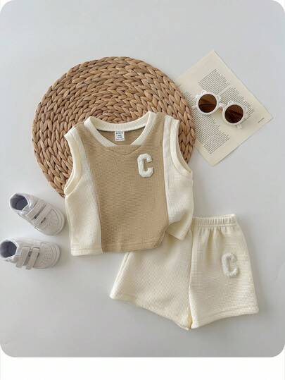 2件套婴儿男女宝宝字母印花撞色针织柔软圆领插肩袖套头衫和松紧腰短裤套装
