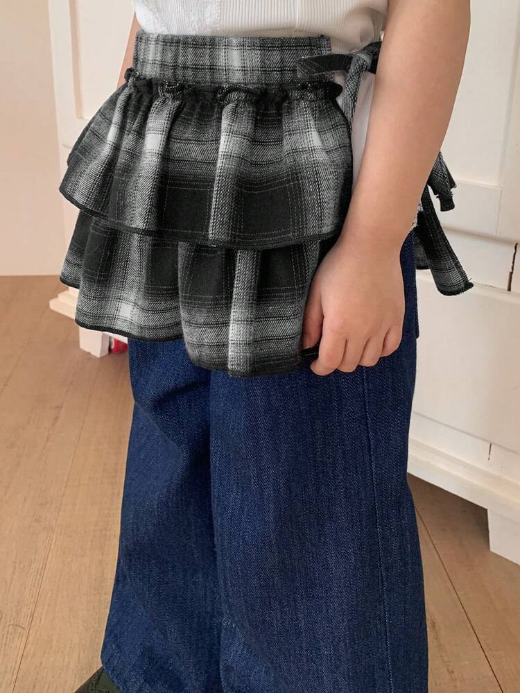 Young Girl Plaid Side Tie Waist Double Ruffle Hem Cute A-Line Skirt