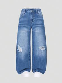 Tween Boys Distressed Washed Denim Jeans, Relaxed Fit, Comfortable Cotton, Suitable For Casual Wear, Spring/Autumn - Medium Wash - View 3