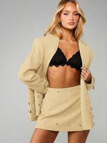 MISSGUIDED Minifalda de cintura alta con detalles de cristal y diamantes de imitación para ocasiones de fiesta - Crema - Ver 1