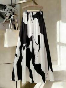 Franclia 时尚休闲百搭印花缎面A字裙，纽扣装饰，夏季 - 黑與白 - 查看 2