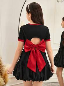 SHEIN Tween Girls Solid Color Contrast Fitted Cropped Backless Organza Bow Decor Short Sleeve T-Shirt, Fashionable French Elegant, Back To School, Y2K, Sweet & Cool Lady Style Summer Outfits