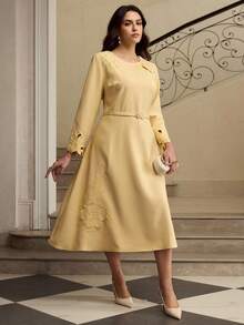 ZEYLAH 印花收腰优雅长袖连衣裙 - 淡黃色 - 查看 1