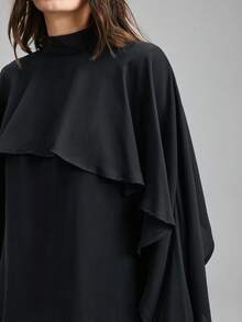 Ontre 2026 Spring/Summer New Black Long Sleeve Layered High Neck Poncho Top, Suitable For Modern Urban Party, Back To School Season, Urban Minimalist Casual Daily Wear, Bohemian Style, Vacation, Festivals, Spring, Valentine's Day Carnival, Women's Beach & Party Elegant Outfit - Black - View 5