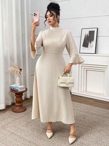 Modelyn Plus Size Elegant Solid Color Bell Sleeve Midi Dress, Suitable For Commuting - Apricot - View 2