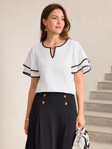 Miaspire 女士撞色滚边V领短袖休闲衬衫白色上衣，外出上衣 - 黑與白 - 查看 6