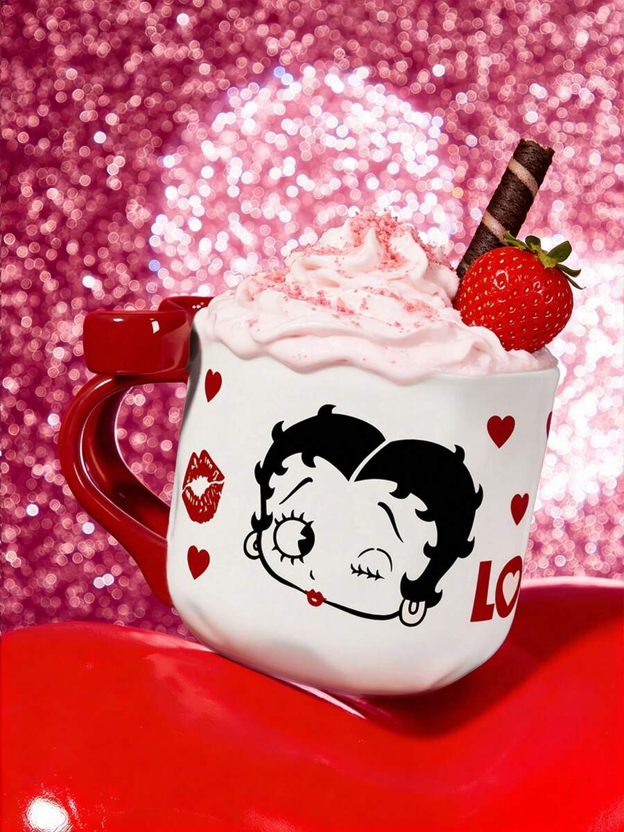Betty Boop x SHEIN 1 16.9oz/500ml Cartoon Pattern Printed Bow Decorative Handle Ceramic Mug, Cold And Heat Resistant, Can Be Used In Microwave Ovens And Dishwashers, Suitable For Water, Milk, Juice, Coffee, Playful, Loving, Loving, Kissing,Gift Ideas,Party,Holiday,Valentine's Day - Multicolor - View 1