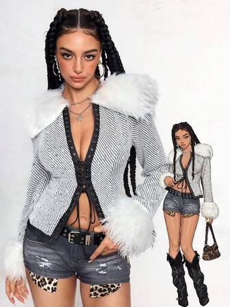 Vintage Hippie Sexy Crop Jacke mit Bindeband, Fake-Pelzkragen und Patchwork