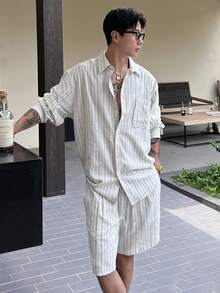DAZY Bộ áo sơ mi dài tay kẻ sọc và quần short nam, thích hợp cho mùa hè. - Nhiều màu - Xem 3