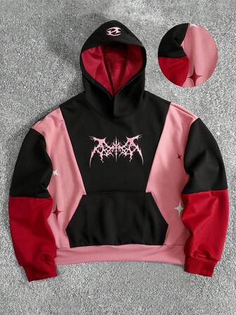 Men's Contrast Color Patchwork Hoodie, Loose Fit