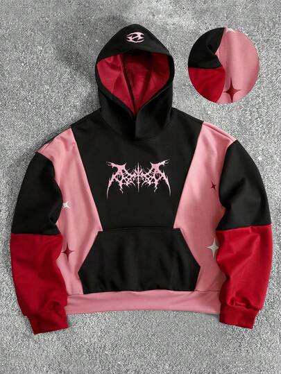 Herren Kontrast-Farbblock Kapuzenpullover, Loose Fit