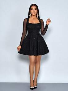 SOLERSUN Autumn And Winter Women's Clothing: Elegant Commuting, Daily Leisure, Party, Glitter Sequins, Black Knitted Texture Fabric, Mesh Fabric, AB Material Splicing, Long Sleeves, Square Neck, A-Line Mini Dress - Black - View 5