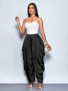 SOLERSUN Women's Elegant Fashion Loose Pleated Pocket Satin Pants, Suitable For Afternoon Tea, Gathering, Fashionable Outing, Dating, Sweet Outing, Night Out, Christmas Party, New Year's Eve, Holiday , Sexy Women's , Club , Suitable For Christmas Party Vacation & Valentine's Day Dating - Black - View 6