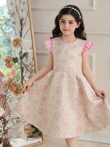 Glamorique Kids 女童（小号）春夏休闲时尚公主连衣裙，提花面料，花卉图案，收腰设计，无袖带荷叶袖，后背蝴蝶结设计，优雅公主风连衣裙，适合春夏穿着，年轻女孩，高端、优雅、淑女风，适合日常外出、度假、派对、节日等场合。 - 粉色 - 查看 2