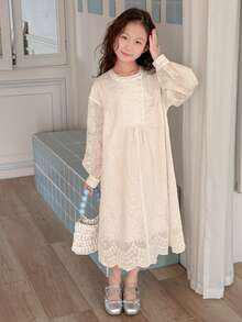 DAZY Tween Girls Lace Round Neck Long Sleeve Loose Dress - Beige - View 7