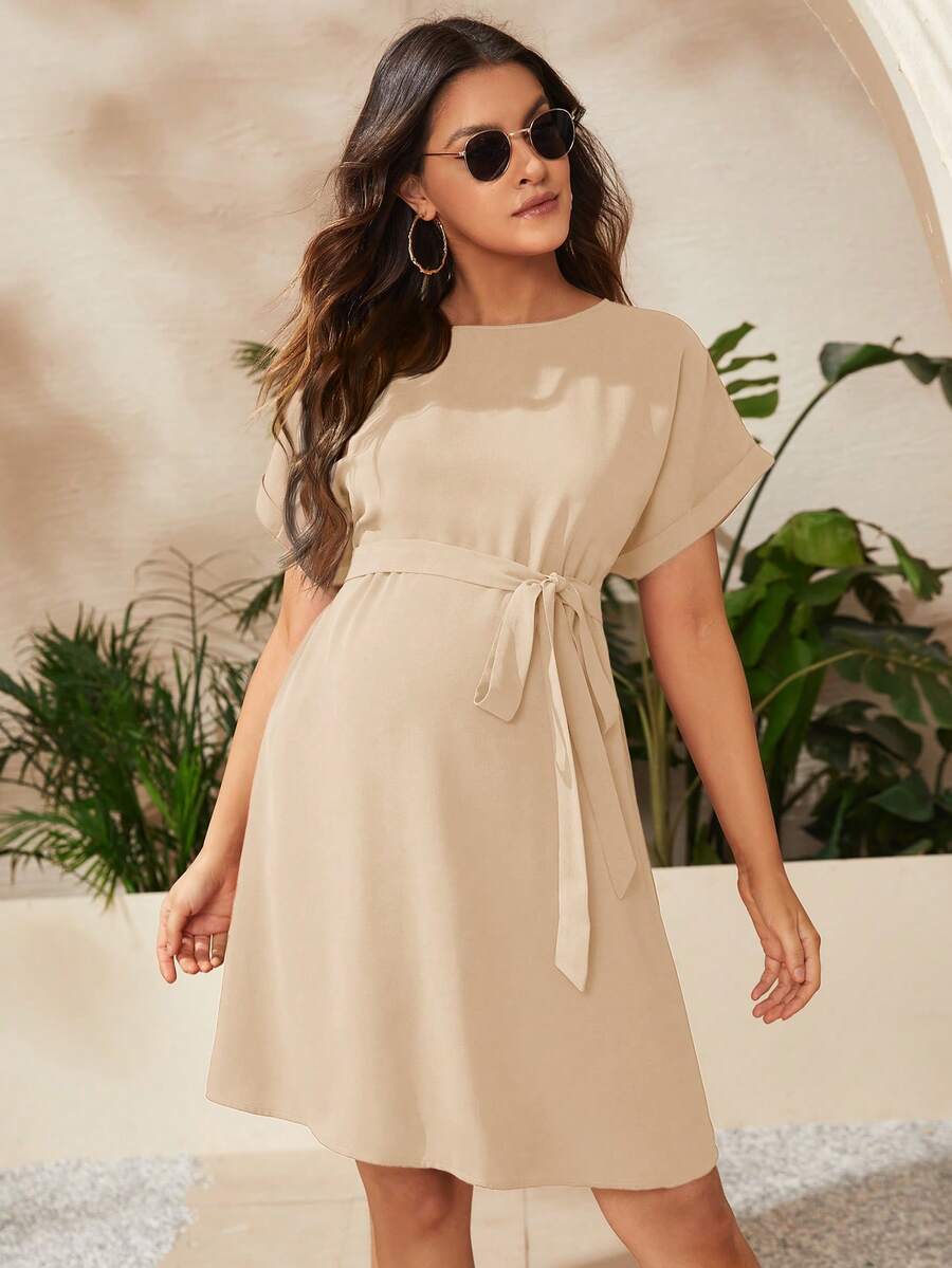 SHEIN 孕妇休闲日常通勤纯色蝙蝠袖系腰连衣裙，夏季 - 杏色 - 查看 1