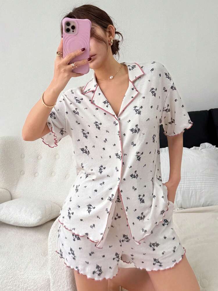 Floral Contrast Color Snap Button Short Sleeve Top And Shorts Pajama Set For Women