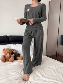 DAZY 卡通熊印花蕾丝拼接蝴蝶结装饰女士睡衣套装 - 灰色 - 查看 8