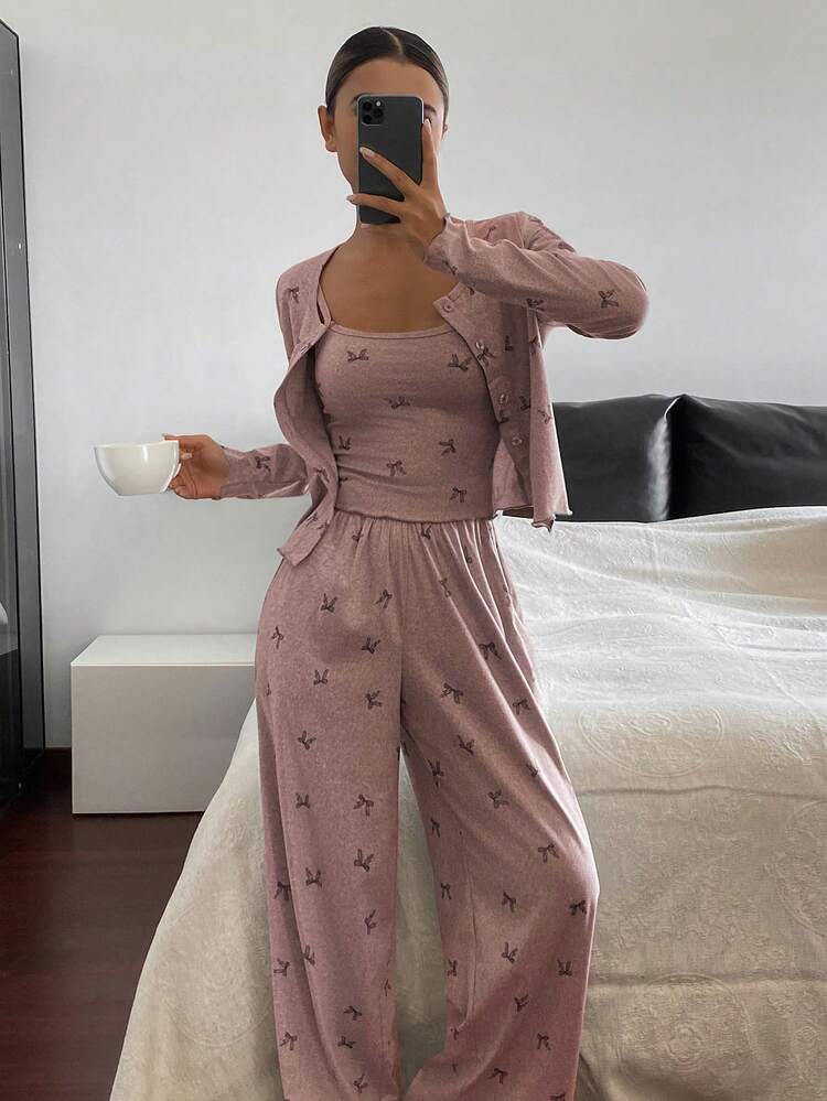 3pcs Bow Print Allover Cardigan, Camisole & Pants Women Pajama Set, Autumn