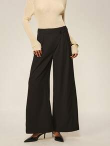 ATUI Studio Pantalones formales negros de cintura alta con doble capa y ajuste delgado, adecuados para ir al trabajo, negocios y uso casual en invierno. Versátiles, para ir al trabajo, uso casual y diario. Pantalones holgados de pierna ancha con cordón en la cintura - Negro - Ver 1