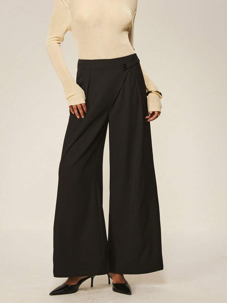 ATUI Studio Pantalones formales negros de cintura alta con doble capa y ajuste delgado, adecuados para ir al trabajo, negocios y uso casual en invierno. Versátiles, para ir al trabajo, uso casual y diario. Pantalones holgados de pierna ancha con cordón en la cintura - Negro - Ver 1