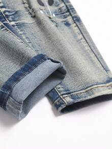 Manfinity Roughcore Quần jeans denim nam phong cách thường ngày, rách, phối nhiều mảng, kẻ sọc, bạc màu, giặt mài. - Rửa nhẹ - Xem 7