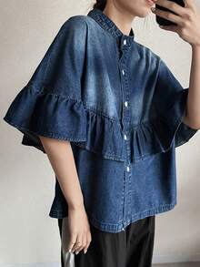 FRIFUL 女士休闲水洗荷叶边前扣牛仔衬衫，夏季 - 藍色 - 查看 3