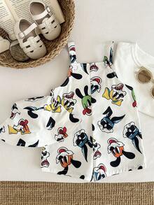 SHEIN 2件套婴儿男女童夏季条纹背带裤和渔夫帽套装，居家、度假、海滩休闲装 - 彩色 - 查看 5