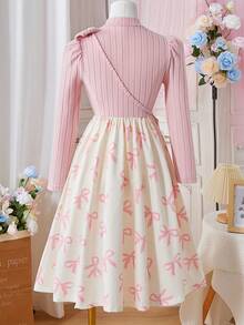 少女蝴蝶结印花罗纹长袖针织连衣裙 - 粉色 - 查看 2