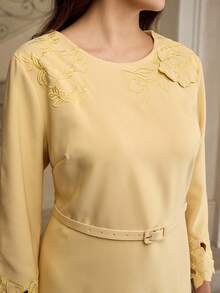 ZEYLAH 印花收腰优雅长袖连衣裙 - 淡黃色 - 查看 2