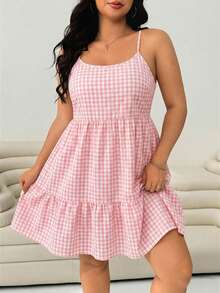 SHEIN EZwear 加大码粉白格子印花露背荷叶边吊带裙 - 粉色 - 查看 5