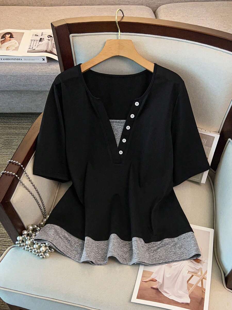 GlowEve CURVE Plus Half Button Peplum Top - Black - View 1