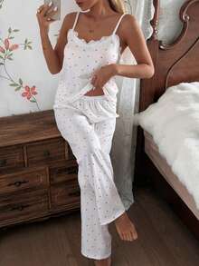 ZzzCrew Women's Knitted Heart Print Lace Trim Camisole And Pants Pajama Set, Cute & Sexy, Suitable For All Seasons