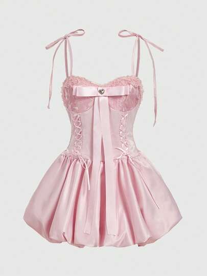 Sweetness Spring/Summer Women's Retro Palace Romantic Sweet Lace Ruffle Bow Decor Satin Jacquard Fabric Flared Hem Dress