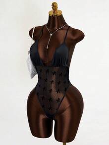 Mistrie Women's Fashionable Sexy Sheer Bow Mesh Patchwork Bodysuit