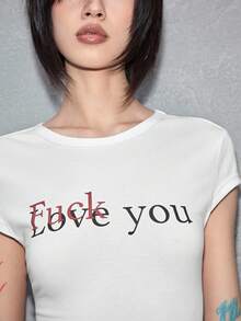 ROMWE Avant 极简主义基本款趣味口号印花圆领修腰短袖 T 恤 - 白色 - 查看 4