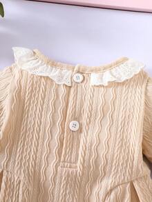 新生儿粉色蝴蝶结装饰公主裙，甜美花朵饰边领子连体衣 - 卡其色 - 查看 5