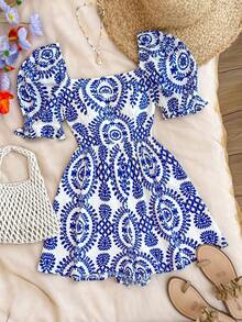 SHEIN 少女度假休闲花卉蓝白连体衣，适合派对、午餐、音乐节