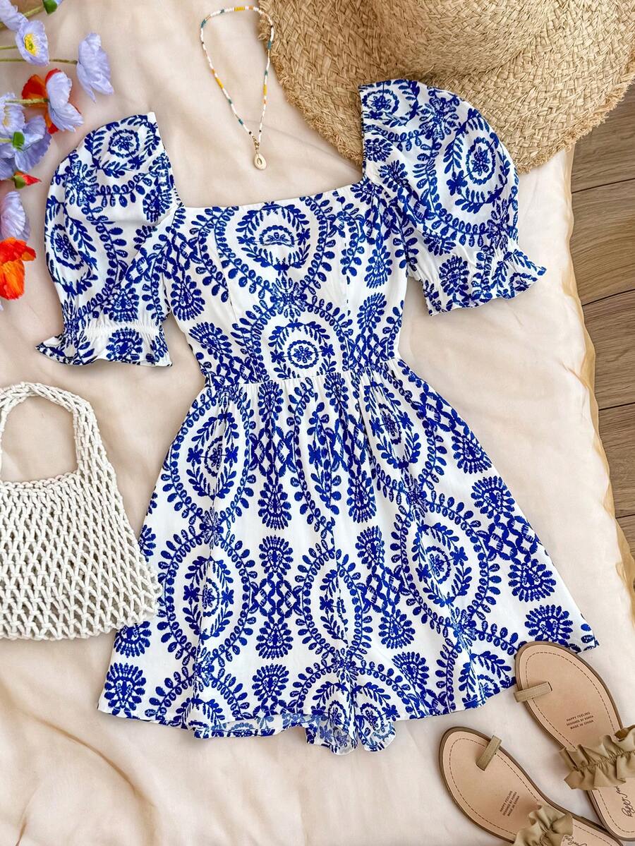 SHEIN 少女度假休闲花卉蓝白连体衣，适合派对、午餐、音乐节