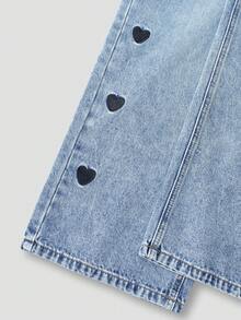 SHEIN ChillGRL 少女时尚雪花水洗做旧爱心刺绣阔腿牛仔裤，四季皆宜 - 中等水洗藍 - 查看 7