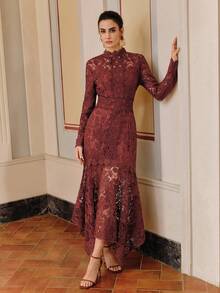 Anewsta Robe fourreau élégante, sexy et longue avec manches, dos nu et empiècements en dentelle pour femmes - Acajou - View 3