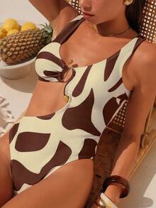 Swim Chiccia 女士26SS春夏沙滩连衣裙，连体款，优雅浪漫海岛度假风高端艺术几何撞色印花，咖啡色、白色，波西米亚风亚克力金属装饰纽扣，腰部镂空设计，适合夏季度假、海滩、泳池、日常穿着 - 彩色 - 查看 7