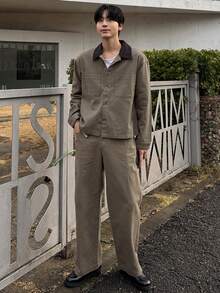 DAZY Spring Washed Distressed Patchwork Collar Khaki Men's Denim Suit - Khaki - View 7