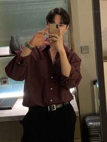 DAZY 男士酒红色休闲百搭通勤衬衫，春季款 - 紅色 - 查看 4