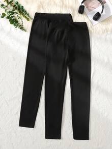 SHEIN 2pcs/Set Tween Girls' Casual All-Match Versatile High Waist Elastic Knit Heart & Bow Embroidered Skinny Leggings, Black, Suitable For Daily Wear, Home, School, All Season - Black - View 2