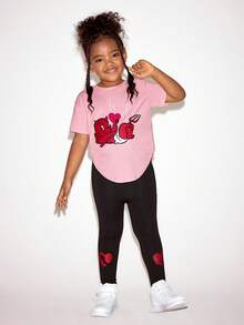 SHEIN HOT STUFF Young Girl Cartoon Graphic Short Sleeve T-Shirt And Leggings Set, Casual Everyday Commute, Spring/Summer/Autumn - Pink - View 2