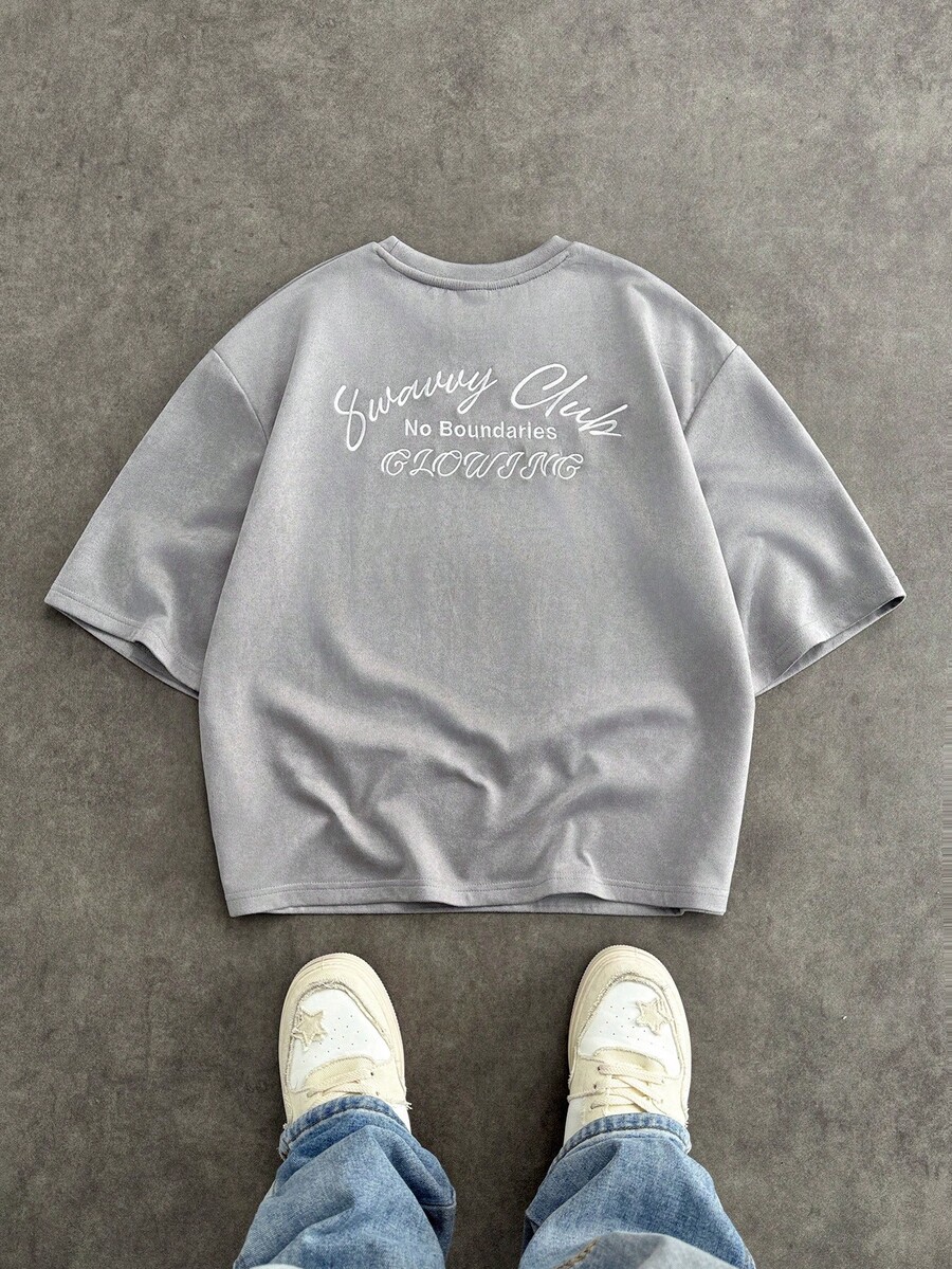 SWAVVY 男士标语刺绣圆领休闲宽松T恤 - 灰色 - 查看 1