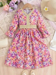 SHEIN 少女小碎花V領長袖洋裝，優雅阿拉伯風禱告裙，適合秋季家庭度假，藍色蝴蝶，套裝穿搭，休閒風 - 紫色 - 查看 4