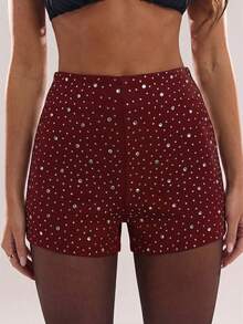 SHEIN BAE Women's Fashion Rhinestone Embellished Party Shorts - Burgundy - View 3