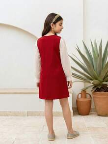 SHEIN Rochie de Crăciun cu fundă mare, rochie roșie pentru fete preadolescente/rochie elegantă și drăguță, tricotată roșie, cu mânecă lungă, pentru fete preadolescente, rochie de Crăciun cu fundă mare